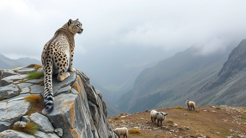 Snow leopard perched on rocky alpine cliff overlooking misty mountain valley with sparse vegetation and blue sheep grazing below, photorealistic wildlife photography