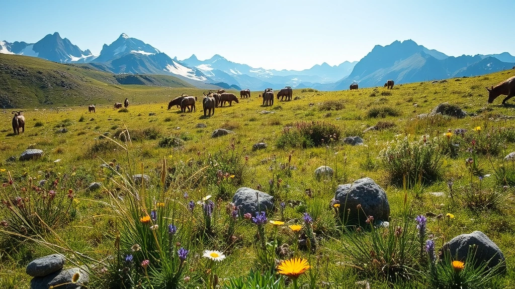 Alpine meadow ecosystem with diverse flowering plants and grasses, bharal sheep herd in middle distance, snow-capped peaks behind, bright mountain sunlight