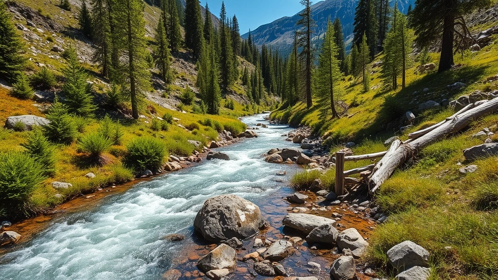 Mountain watershed stream flowing through healthy alpine vegetation with coniferous trees, clear water, rocky terrain, sunlit mountain landscape photography