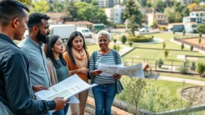 Diverse community members gathered outdoors discussing environmental plans, holding documents and pointing at landscape with buildings and green spaces visible, natural daylight, photorealistic, multicultural group