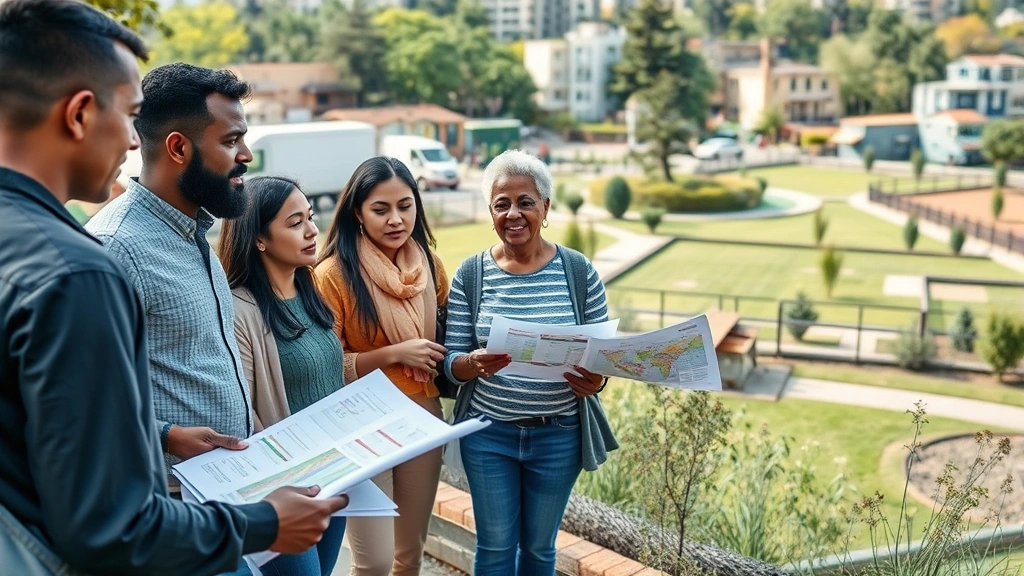 Diverse community members gathered outdoors discussing environmental plans, holding documents and pointing at landscape with buildings and green spaces visible, natural daylight, photorealistic, multicultural group