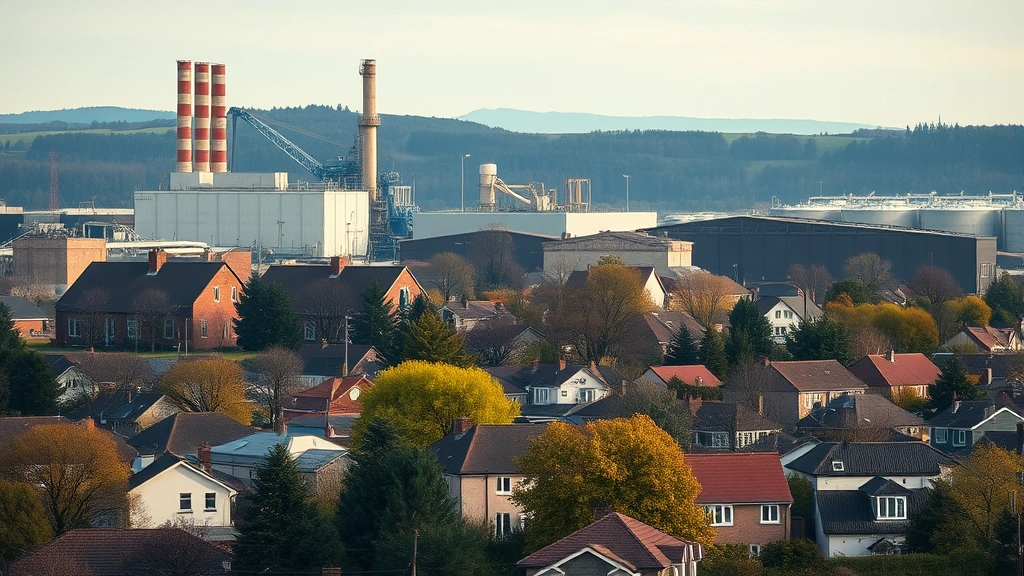 Industrial facility in background with residential neighborhood in foreground, stark contrast showing environmental inequality, trees and houses visible, realistic environmental conditions, no text or labels