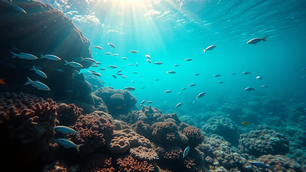 Underwater coral reef ecosystem bathed in sunlight, diverse fish species swimming, healthy coral formations, clear water showing light penetration, thriving marine biodiversity in natural conditions