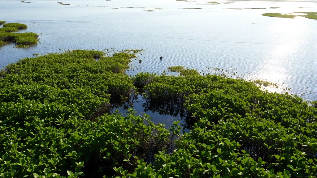 Coastal wetland or mangrove ecosystem with water reflecting sunlight, dense vegetation, wildlife habitat, natural productivity visible, scenic environmental setting without charts or labels