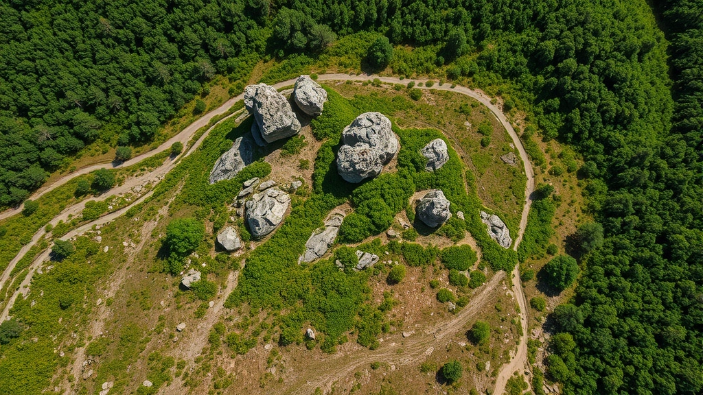 Aerial view of serpentine barren landscape with distinctive rocky outcrops, sparse specialized vegetation, and surrounding forest edges, Maryland wilderness ecosystem