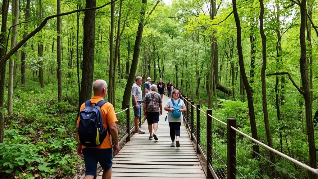 Visitors hiking through protected natural preserve on wooden trail, diverse age groups enjoying nature, forest canopy and understory vegetation visible