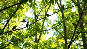 Forest canopy dappled with sunlight showing multiple small songbird species perched on branches and feeding among green leaves, photorealistic natural lighting