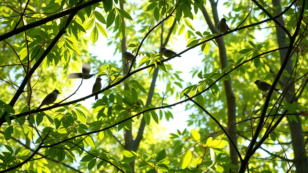 Forest canopy dappled with sunlight showing multiple small songbird species perched on branches and feeding among green leaves, photorealistic natural lighting
