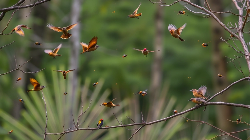 Diverse songbird species in flight and perched across multiple forest strata with insects visible in the air, showing ecological interactions in woodland habitat