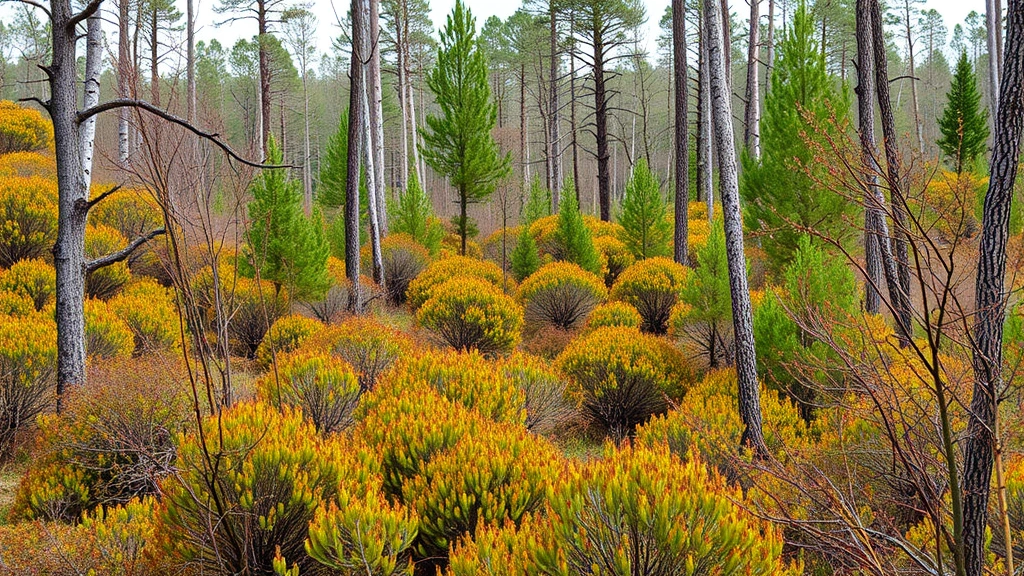 Mixed forest landscape with songbirds among native shrubs and trees, showing habitat connectivity and natural forest regeneration with varied vegetation structure