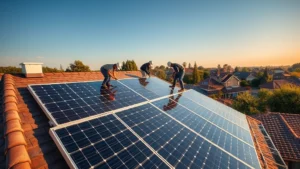 Solar panel installation technicians working on residential rooftop in afternoon sunlight, showing skilled workers positioning photovoltaic modules on pitched roof with suburban homes and trees visible below, realistic photography