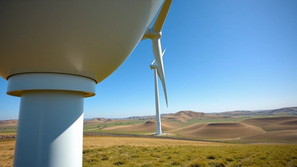 Large modern wind turbine in open grassland landscape with rolling hills and clear blue sky, single turbine photographed from below showing blade detail and construction, photorealistic outdoor scene