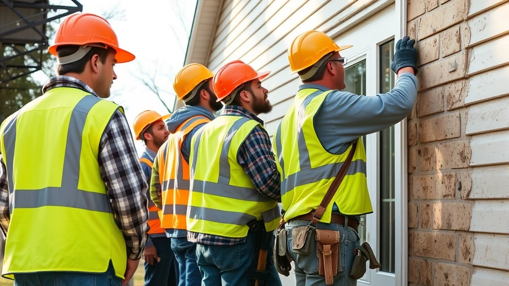 Diverse team of workers in hard hats and safety vests performing building energy efficiency retrofit, installing weatherstripping and insulation on residential home exterior, showing skilled trades work in natural daylight