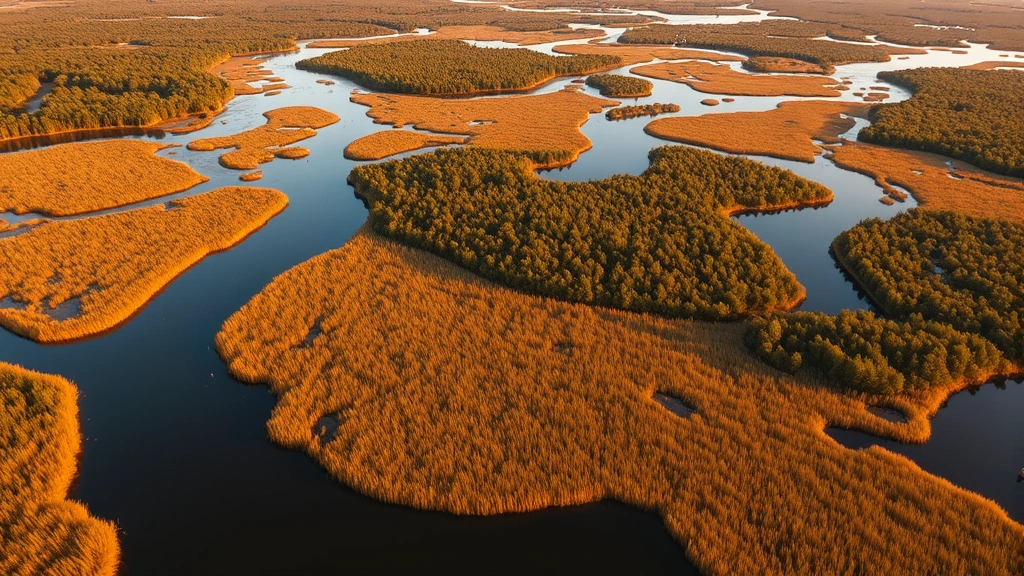 Aerial view of South Carolina coastal marshlands with winding waterways, golden grasses, and forested areas reflecting in calm water at sunset, pristine ecosystem without human structures visible