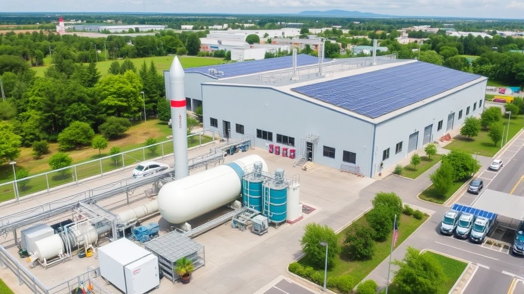 Manufacturing facility with modern pollution control equipment, solar panels on rooftops, green landscaping, and sustainable infrastructure demonstrating environmental compliance and clean production technology