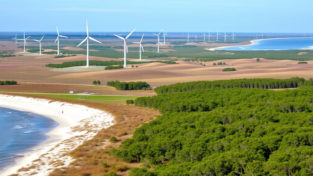 Diverse South Carolina landscape showing renewable energy wind turbines on rolling hills, coastal protection dunes with native vegetation, and healthy forest canopy, representing sustainable economic transition