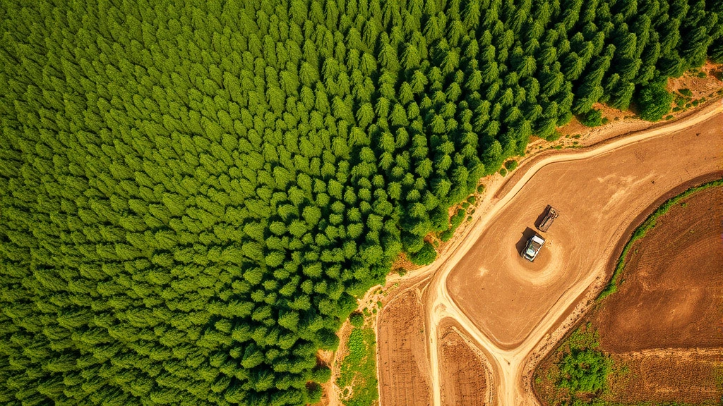 Aerial view of deforestation pattern showing clear-cut forest area transitioning to industrial agriculture with heavy machinery visible, contrasting natural forest with cleared land, dramatic environmental transformation