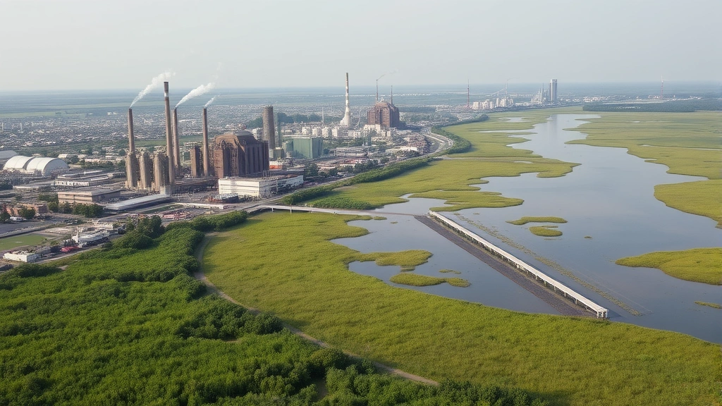 Urban industrial zone with factories and smokestacks alongside natural wetland area, showing stark contrast between economic development and pristine nature, water pollution visible in foreground