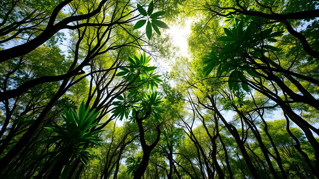Lush forest canopy with diverse tree species, sunlight filtering through leaves, rich biodiversity visible, pristine natural ecosystem thriving