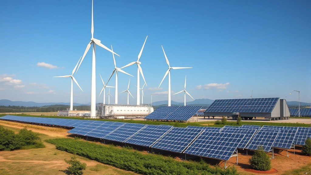 Industrial renewable energy facility with wind turbines and solar panels integrated into landscape, clean technology meeting natural environment
