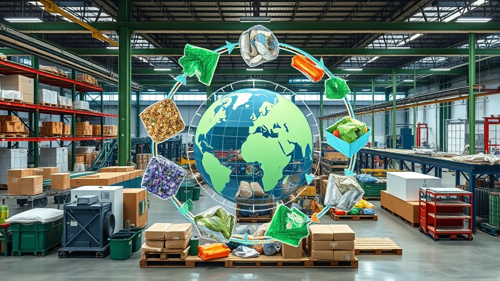 Circular economy visualization with materials flowing in cycles, recycling processes visible, sustainable production systems in action, green industrial facility