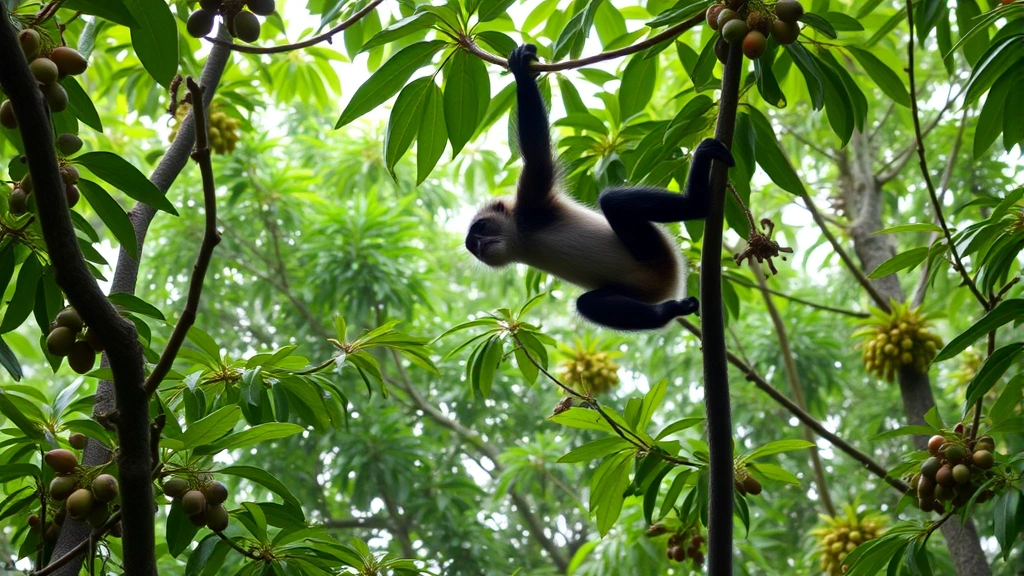 Spider monkey suspended from tree branch in lush rainforest canopy, surrounded by green leaves and fruiting trees, depicting natural seed dispersal behavior and forest habitat complexity