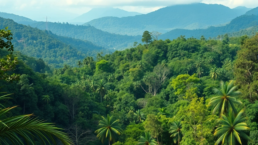 Dense tropical rainforest landscape with multiple canopy layers and diverse vegetation, showing intact ecosystem structure where primates maintain forest health and carbon storage