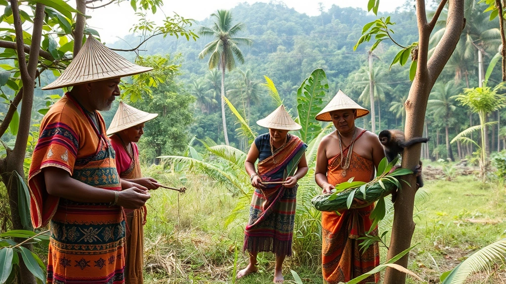 Indigenous community members in traditional dress working in sustainable forest management area with spider monkey habitat visible, demonstrating community-based conservation and economic livelihood integration