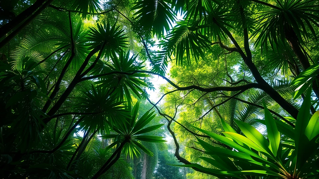 Lush tropical rainforest canopy with light filtering through dense green vegetation, vibrant biodiversity visible, pristine natural wilderness untouched by human development, photorealistic nature photography