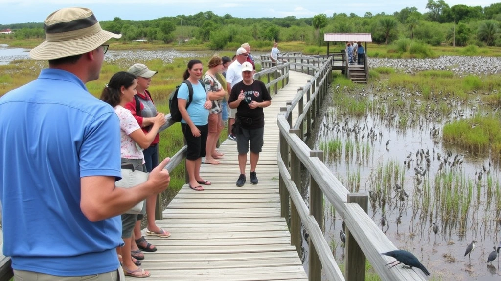 Local guide leading small group of ecotourists on elevated wooden boardwalk through wetland ecosystem, sustainable tourism infrastructure, diverse bird species visible in natural habitat, authentic community interaction