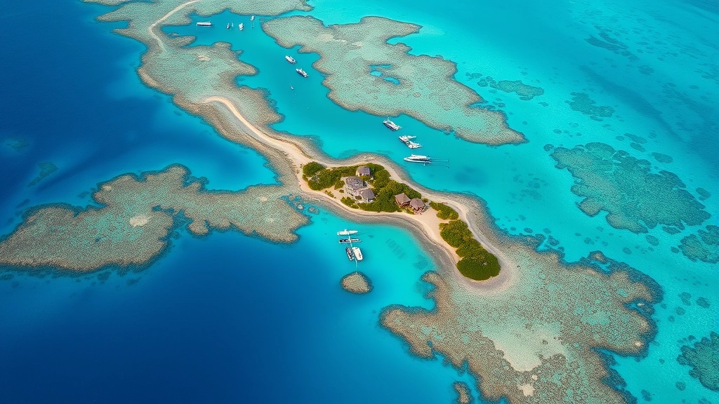 Aerial view of protected marine ecosystem with coral reefs and clear turquoise waters, small eco-lodge buildings nestled in natural landscape, conservation and development balance, sustainable coastal tourism