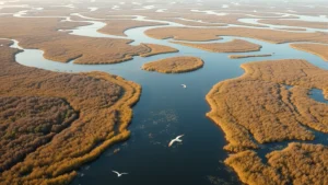 Photorealistic aerial view of thriving coastal wetland ecosystem with winding waterways, native vegetation, and birds in flight, demonstrating natural capital and ecosystem services value