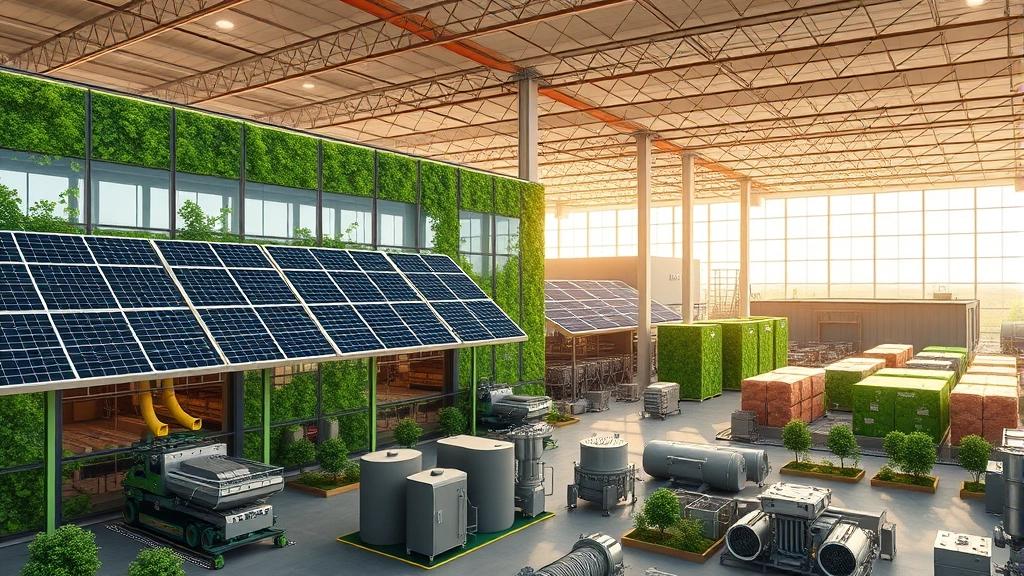 Photorealistic modern manufacturing facility with solar panels, green walls, and circular material recovery systems showing sustainable industrial operations and resource efficiency