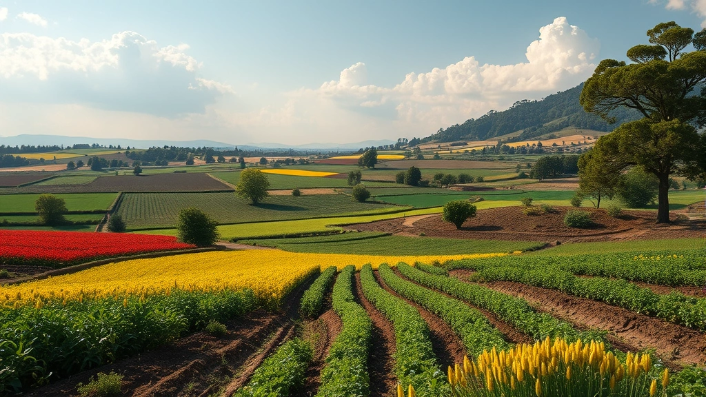 Photorealistic landscape showing regenerative agriculture with diverse crops, healthy soil, and restored biodiversity alongside prosperous farming operations demonstrating economy-ecosystem integration
