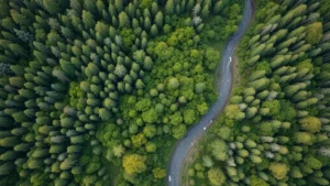 Aerial view of restored forest landscape with diverse tree canopy, winding stream, and mosaic of green ecosystems, showcasing environmental stewardship and natural capital restoration, photorealistic, no text