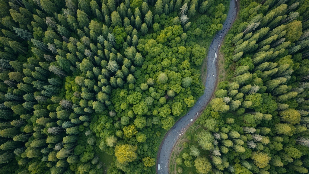 Aerial view of restored forest landscape with diverse tree canopy, winding stream, and mosaic of green ecosystems, showcasing environmental stewardship and natural capital restoration, photorealistic, no text