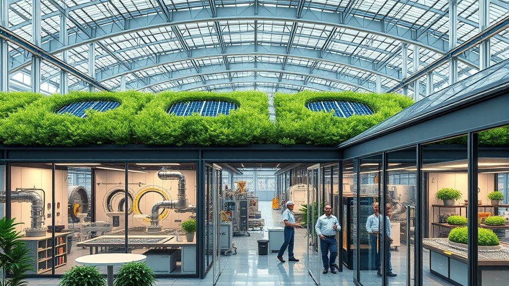 Modern sustainable manufacturing facility with green roof, solar panels, circular production systems visible through transparent walls, workers in clean environment, photorealistic nature-integrated design, no text