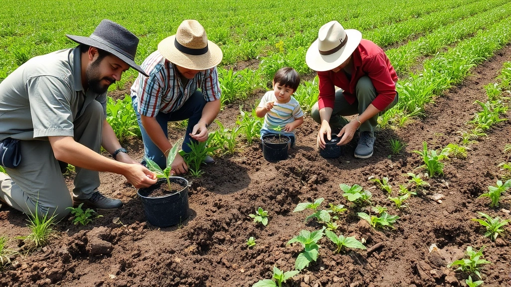Diverse farmers examining healthy soil in regenerative agriculture field with cover crops, pollinator insects visible, clear water, vibrant ecosystem, representing stewardship economics and natural capital investment, photorealistic, no text