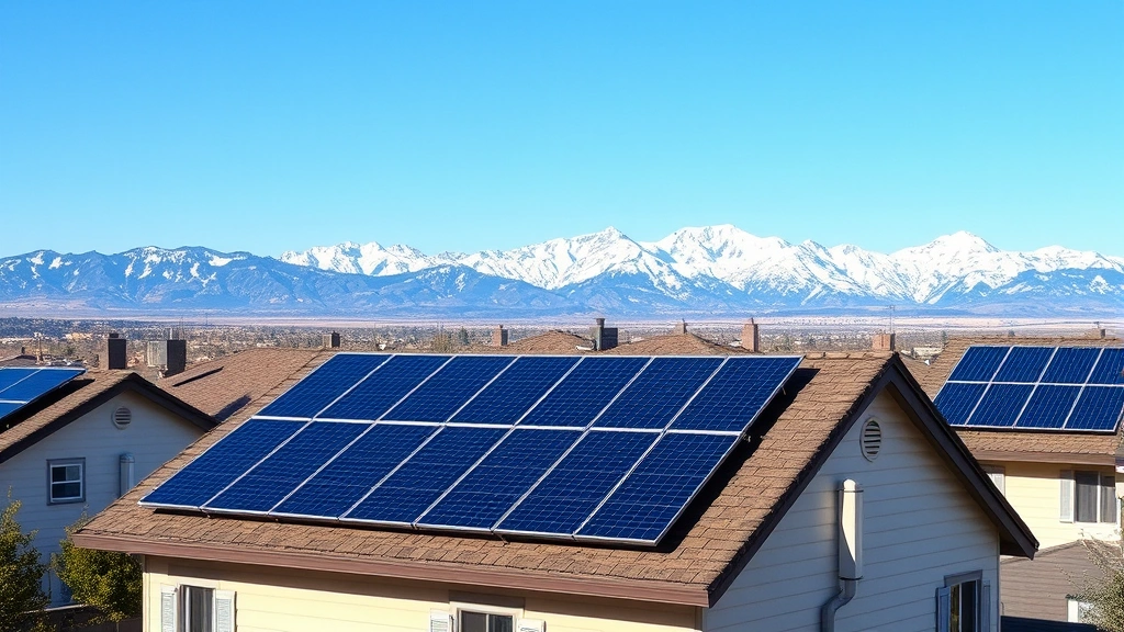 Solar panels installed on residential rooftops with snow-capped mountains visible in background, demonstrating distributed renewable energy infrastructure integration into suburban landscape, natural daylight