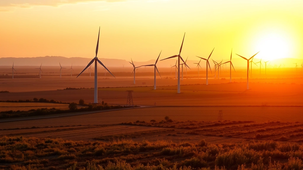 Wind turbines in agricultural landscape at golden hour sunset, showing renewable energy infrastructure coexisting with farmland and natural vegetation, no charts or technical overlays, photorealistic