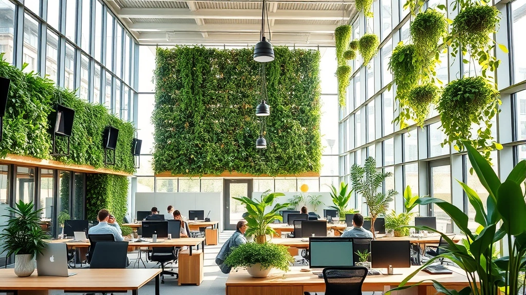 Modern office interior with abundant natural daylight streaming through floor-to-ceiling windows, green plants and living walls integrated throughout workspace, wooden furniture and natural materials, employees working at desks with visible wellness, bright and airy environment with biophilic design elements