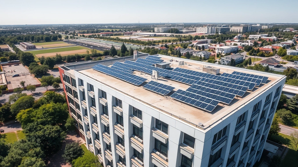 Aerial view of office building rooftop covered with solar photovoltaic panels installed in organized rows, surrounding landscape with green spaces, trees, and vegetation visible below, clear sky, sustainable energy infrastructure integration