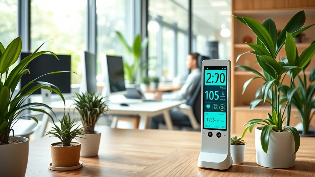 Close-up of office workspace showing worker at ergonomic desk with potted plants nearby, natural wood surfaces, soft natural lighting, green vegetation visible through window, indoor air quality monitoring device visible, wellness-focused environment