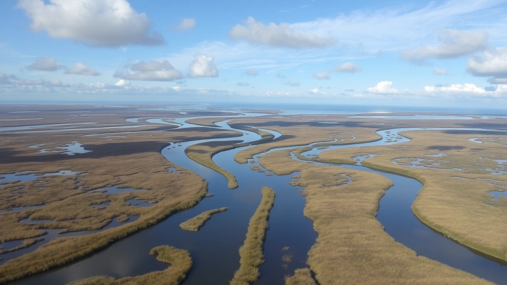Aerial view of restored wetland ecosystem with water channels reflecting sky, surrounded by native vegetation and wildlife habitat, showing landscape-scale environmental restoration project