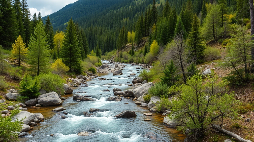 Mountain watershed landscape with clear flowing streams, diverse forest canopy, and intact ecosystem providing water and carbon sequestration services supporting regional economy