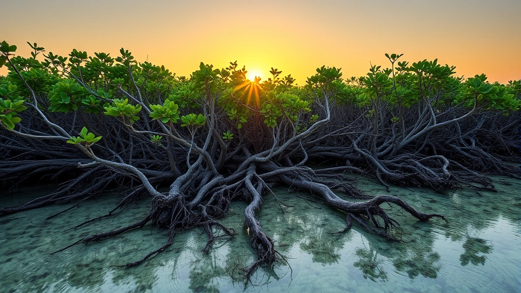 Coastal mangrove forest at sunset with interconnected root systems visible in shallow water, demonstrating ecosystem structure that protects shorelines and supports fisheries
