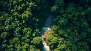 Aerial view of lush tropical rainforest canopy with river winding through dense vegetation, sunlight filtering through layers of green foliage, showing biodiversity and ecosystem complexity in natural state