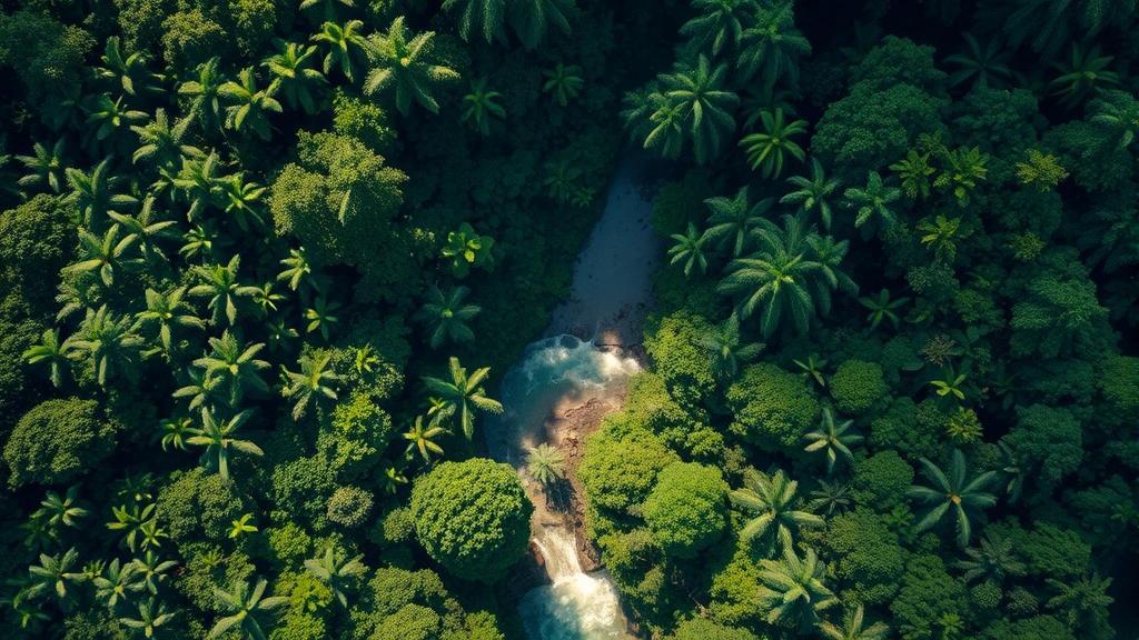 Aerial view of lush tropical rainforest canopy with river winding through dense vegetation, sunlight filtering through layers of green foliage, showing biodiversity and ecosystem complexity in natural state