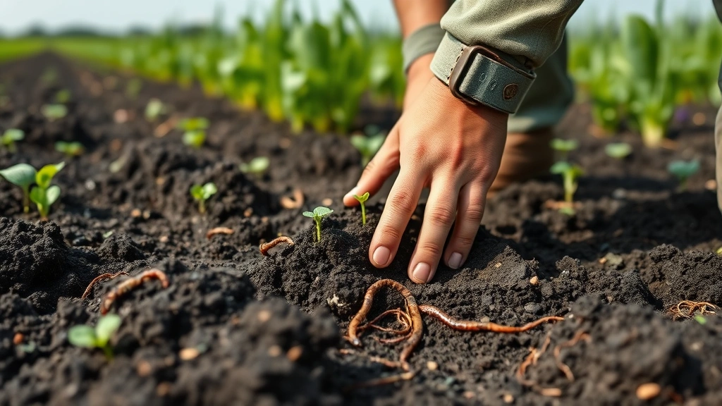 Farmer examining healthy dark soil with visible organic matter, earthworms, and root systems in regenerative agricultural field with green crops growing in background, hands touching earth