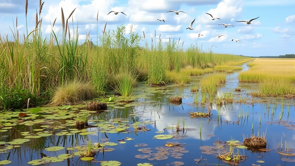 Pristine wetland ecosystem with water reflecting sky, diverse native plants and grasses along waterline, birds flying overhead, showing water filtration and flood regulation services in action
